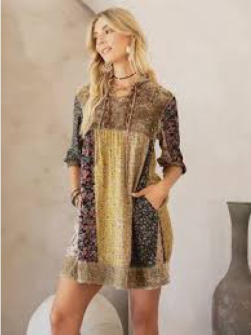 Young Threads Patchwork Floral Velvet Embroidered Dress Boho Size L